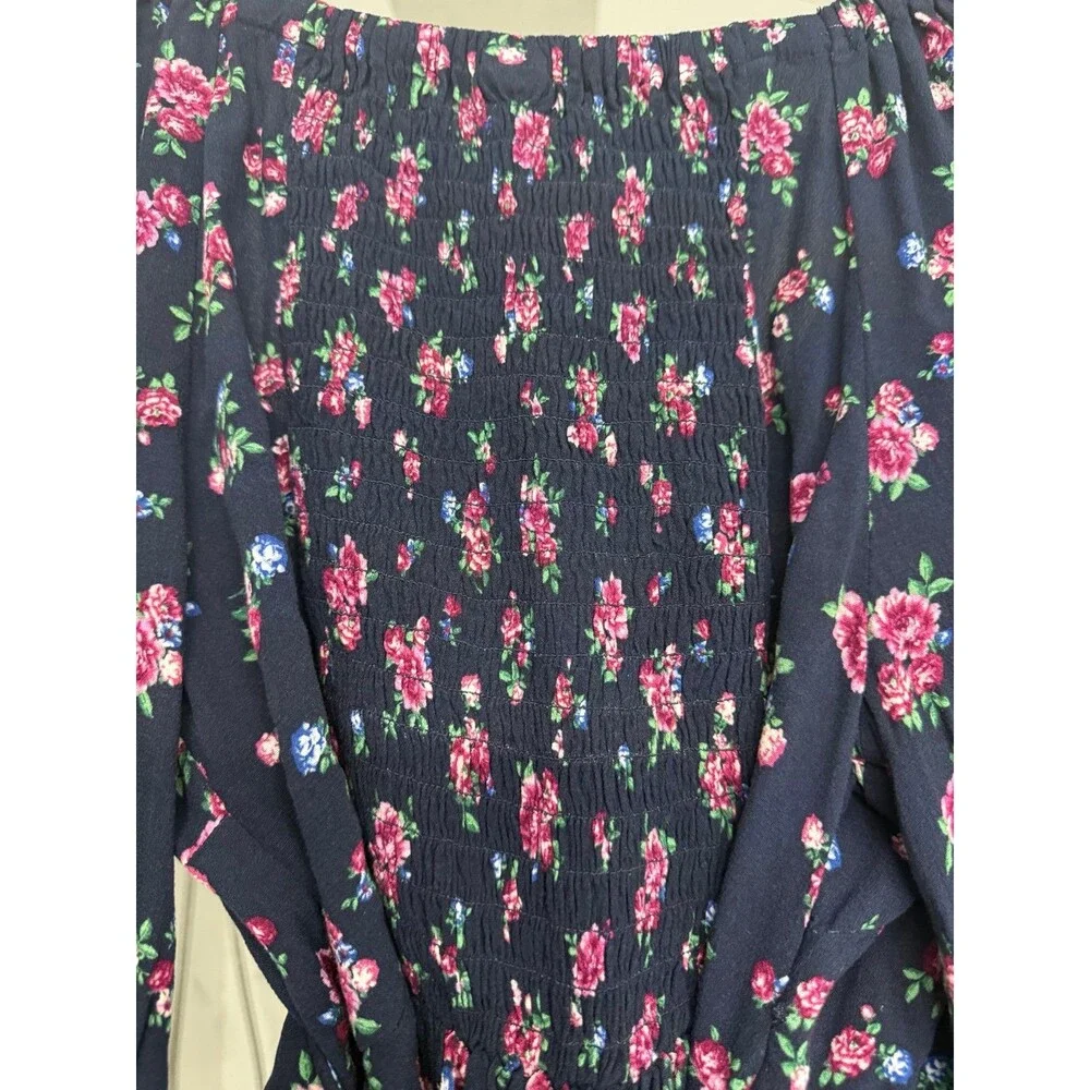 Puff-Sleeve Smocked Wrap Floral Blouse Small